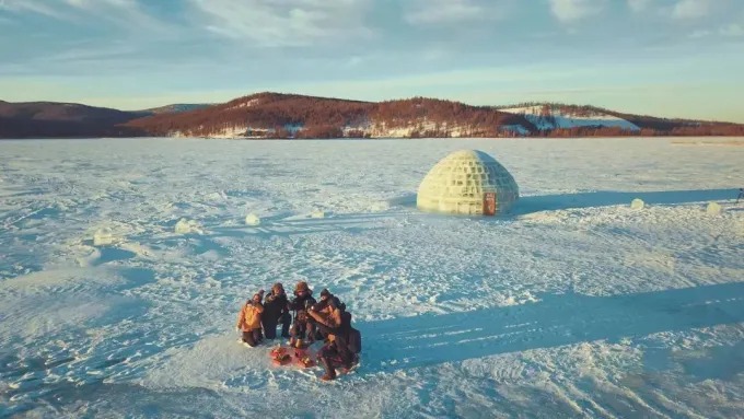 An ice house built on frozen Dujuan Lake