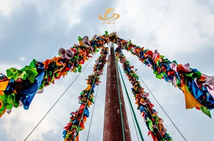 Colourful prayer flags on the Red Terrace
