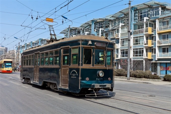 Historic tram on a street in Dalian
