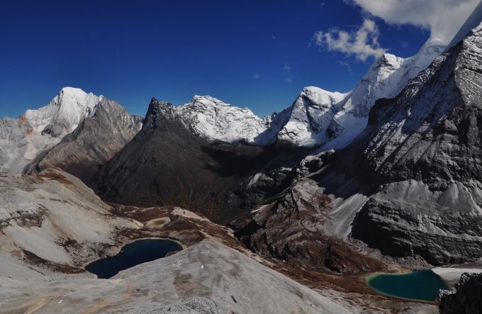 Schneegipfel und ein Bergsee im Naturschutzgebiet Yading