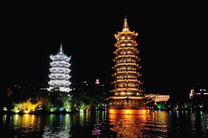 Boote und Karstberge entlang des zentralen Wasserkreislaufs von Guilin