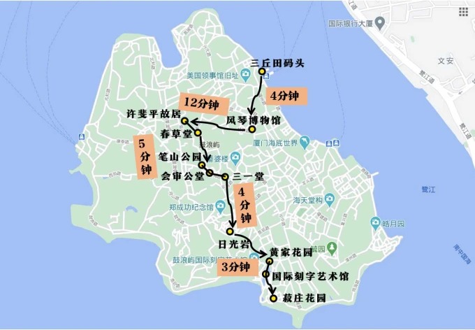Routenkarte für eine zweitägige Wanderroute auf Gulangyu