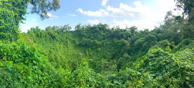 Aerial view of a crater in the Haikou volcanic field