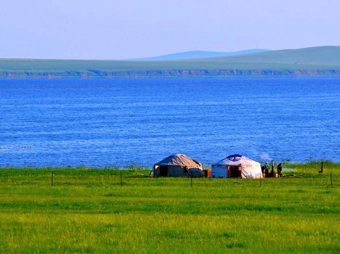 Lake Hulun under a blue summer sky