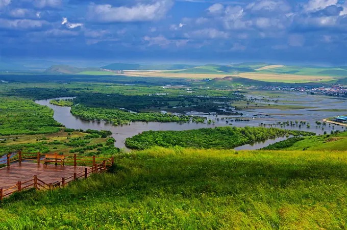 View over Ergun Wetland and surrounding town