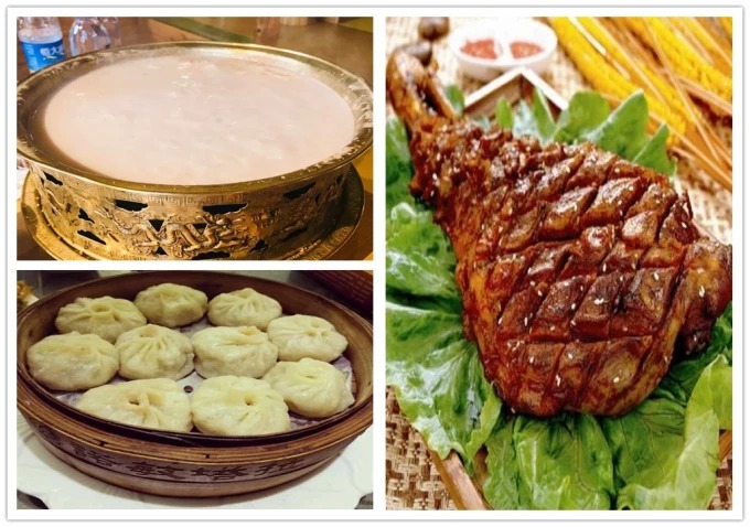 Topf mit mongolischem Milchtee, gebratenem Reis, Trockenfleisch und Milchhaut