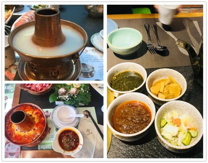 식당 테이블 위의 1인용 구리 훠궈 냄비