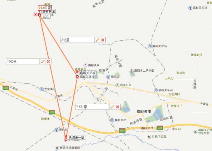Map showing the relative positions of Jiayuguan Fort, First Beacon Tower and Overhanging Great Wall