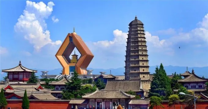 Old pagoda and newer temple buildings at Famen Temple