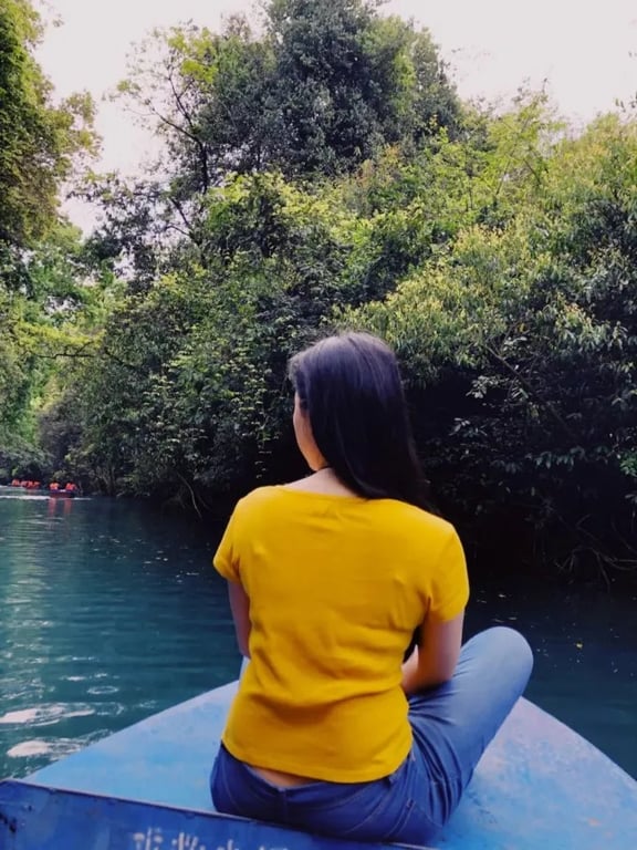 Una barca pasa entre los árboles del lago Yuanyang