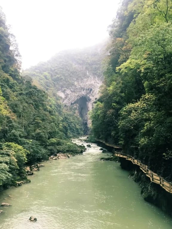 Río y cañón boscoso en Daqikong