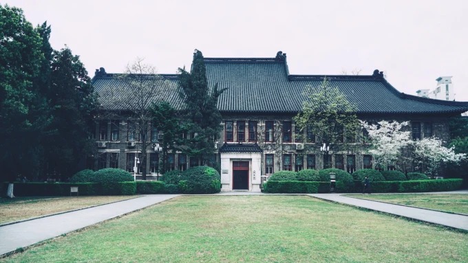 Spring flowers near old buildings at Nanjing University Gulou campus