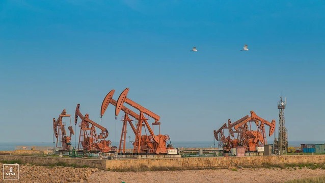 Schilf und Ölförderpumpen auf der Ostseite des Red-Beach-Korridors