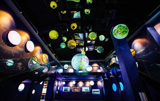 Illuminated exhibits inside the Red Beach Wetland Science Museum