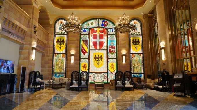 Ornate hotel lobby with classical decor