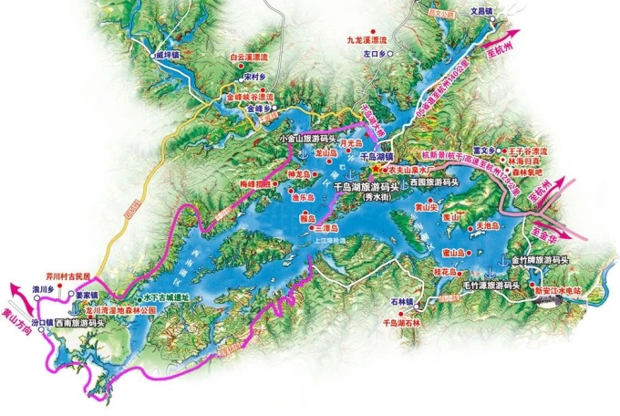 Map of Qiandao Lake's visitor areas and main attractions