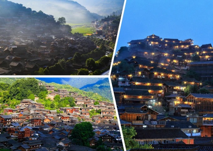 Hölzerne Pfahlhäuser ziehen sich an einem Hang im Miao-Dorf Xijiang empor