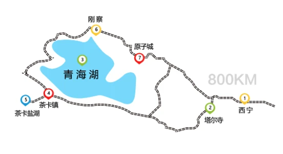 Karte einer zweitägigen Route zum Qinghai-See und Chaka-Salzsee
