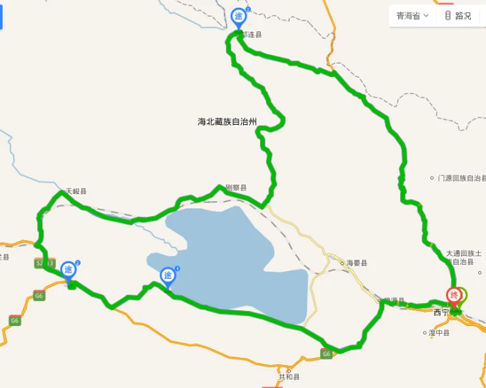 Mapa esquemático de un circuito de tres días por el lago Qinghai y Qilian