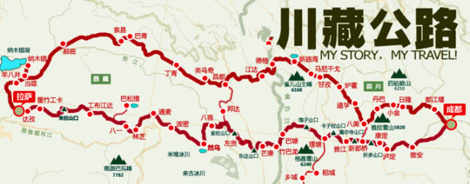Diagrama de las rutas norte y sur entre Sichuan y el Tíbet