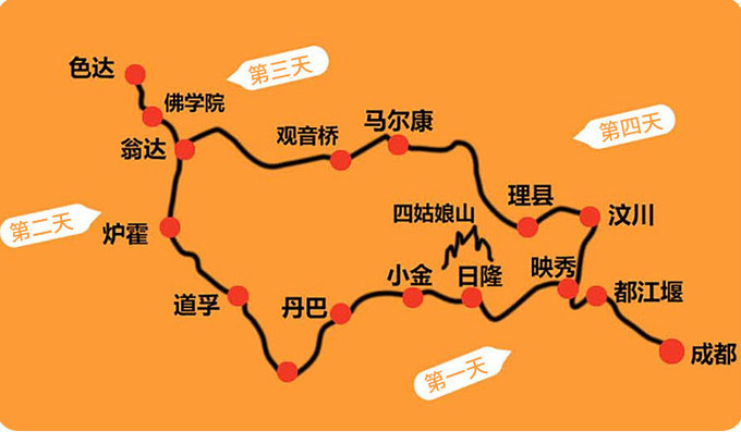 Mapa de la ruta terrestre en circuito de Chengdu a Seda