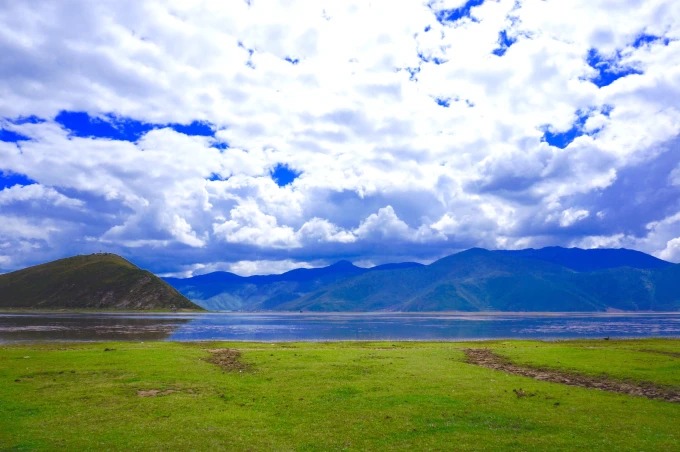 Grassland meeting open water beneath mountains at Napa Lake