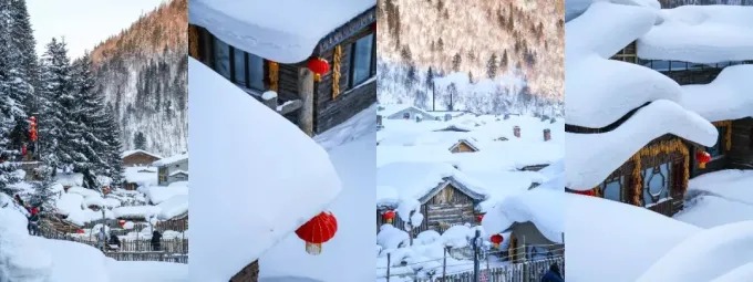 Collage aus Schneehäusern, Bäumen und roten Laternen in Snow Town
