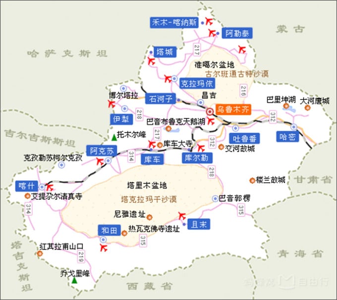 Mapa de las regiones de viaje de Xinjiang alrededor de Urumqi