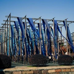 Indigo-dyed fabric in a Wuzhen workshop yard