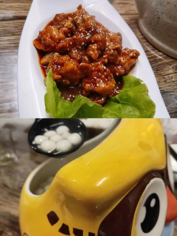 탕수 갈비와 디저트 그릇에 담긴 작은 쌀경단