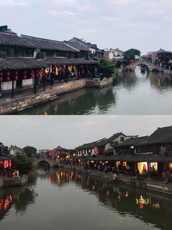Kanäle, Ziegelhäuser und eine Steinbrücke in Xitang