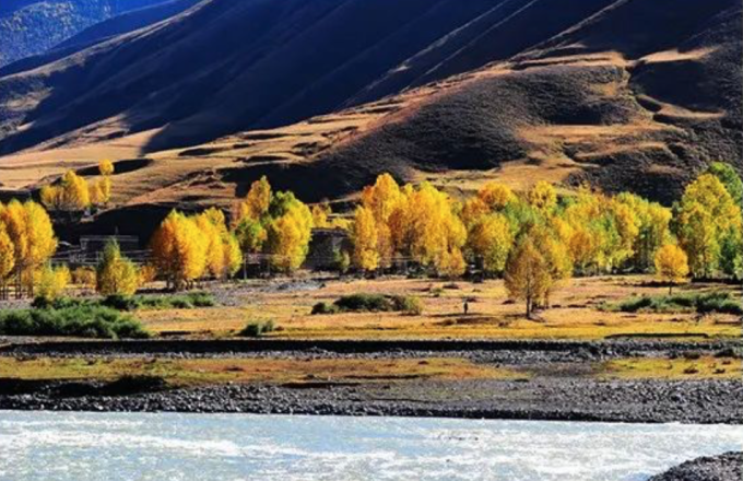 Herbstbäume, Fluss und Berghänge bei Xinduqiao