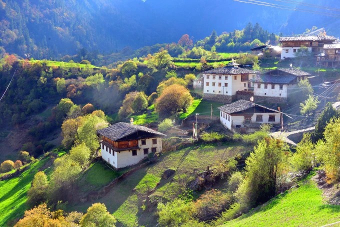 Village houses and autumn trees in Yubeng