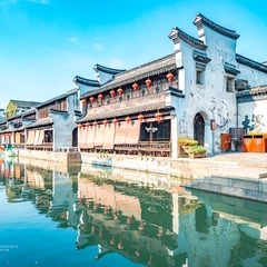 Waterside buildings and their reflections in Nanxun