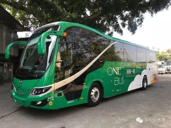 Grüner grenzüberschreitender Reisebus am Straßenrand